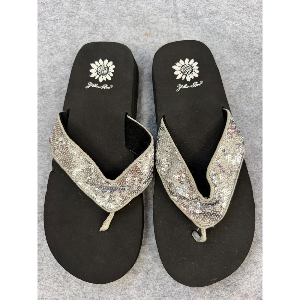 Yellow Box Feliks Sequin Sandals Black & Silver Thong Sandals Woman's Size 9m - Picture 2 of 4